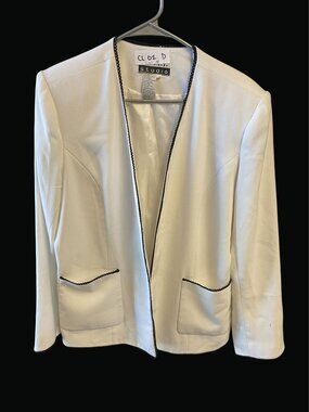 B.M.I. Studio White Open-Front Blazer With Black Trim & Pockets Size 14 CL01 D